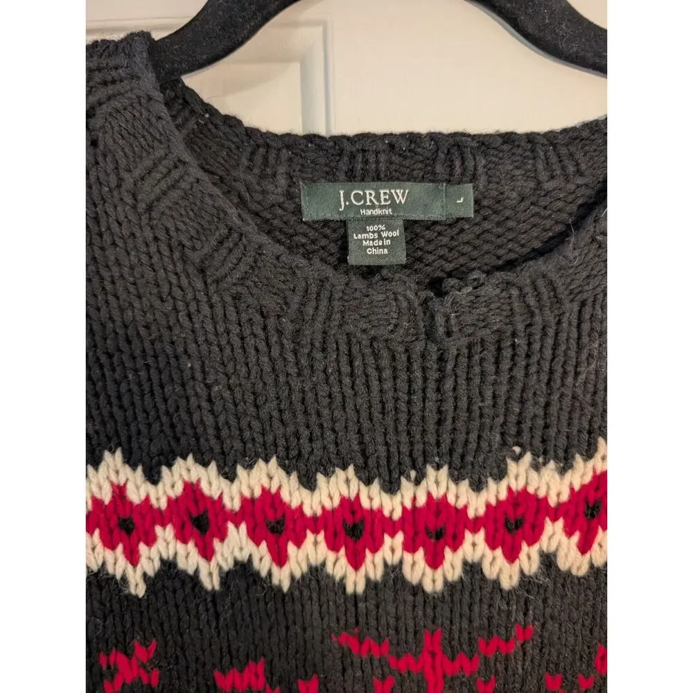 J.Crew Handknit Fair Isle Snowflake Sweater Men's L Black Red Lambswool
